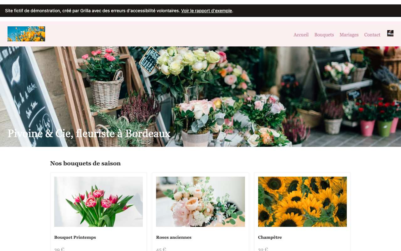 Capture de la page analysée : accueil du site fictif Pivoine & Cie